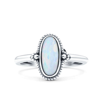 Vintage Style Petite Dainty Lab Created White Opal Ring Solid Oval Oxidized 925 Sterling Silver